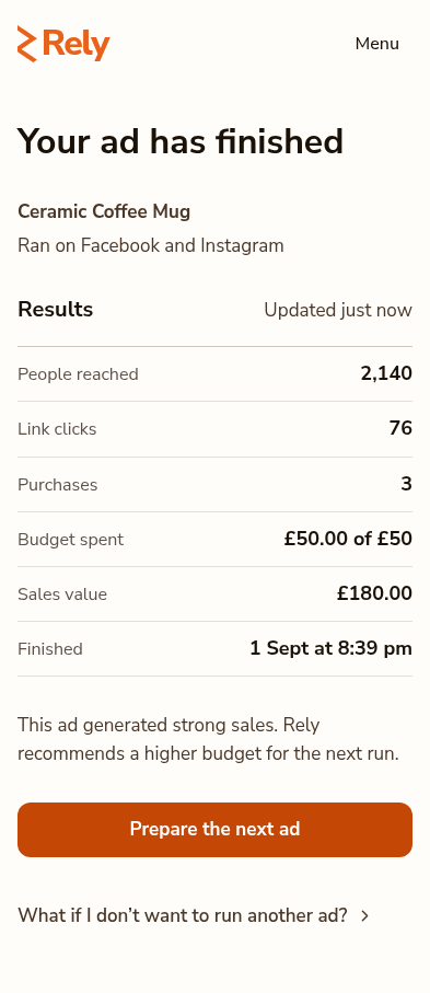 Rely's mobile screen showing a completed campaign, purchase results, sales value, and the recommended next step