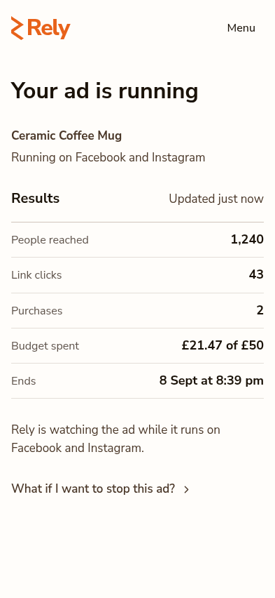 Rely's mobile screen showing a live seven-day Meta campaign and its current results