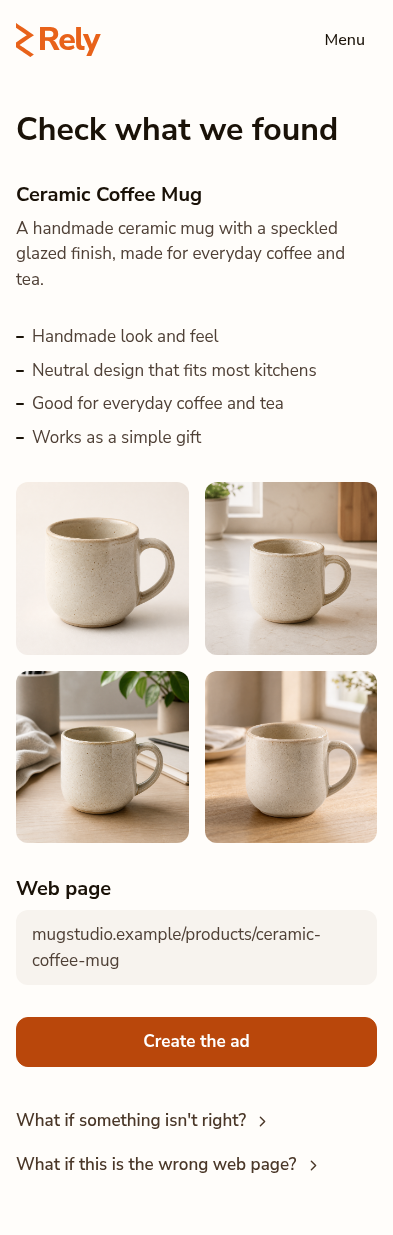 Rely's mobile screen showing what it learned from a sample ceramic mug product page